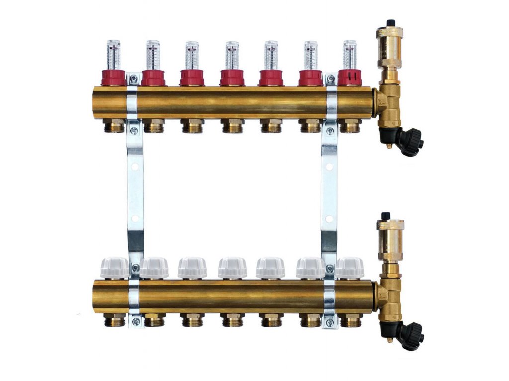 WATERFLOW rozdeľovač 7 MOSADZ Heat Basic prietokomer komplet